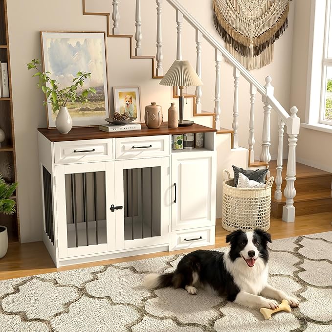 45.7" Dog Crate Furniture with Storage Drawers & Hidden Bowl, Wooden Indoor Dog Kennel Furniture with Food Storage Cabinet/Hooks, Dog Crate End Table TV Stand for Small/Medium/Large Dogs, White
