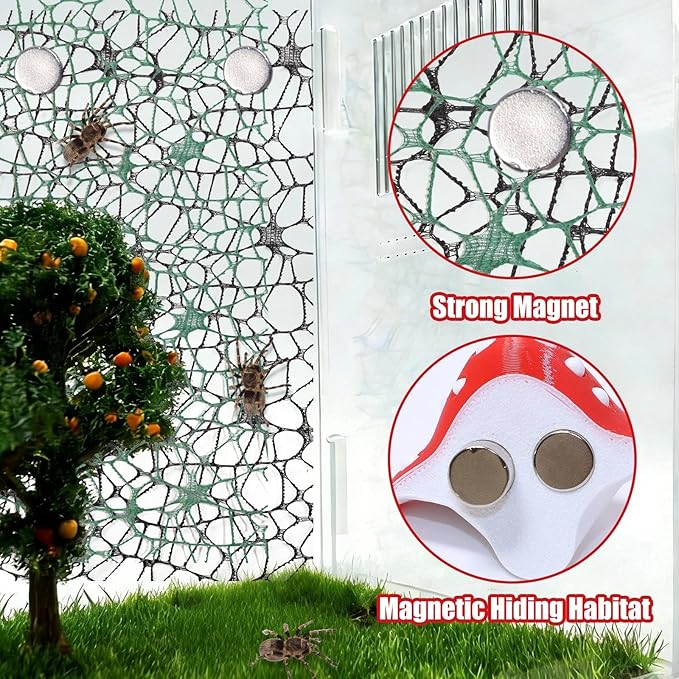 9 Pcs 3D Jumping Spider Enclosure Accessories Set, Red Magnetic Jumping Spider Mushroom Platforms, Climbing Net Trunk Hideouts for Small Pets Terrarium Decor
