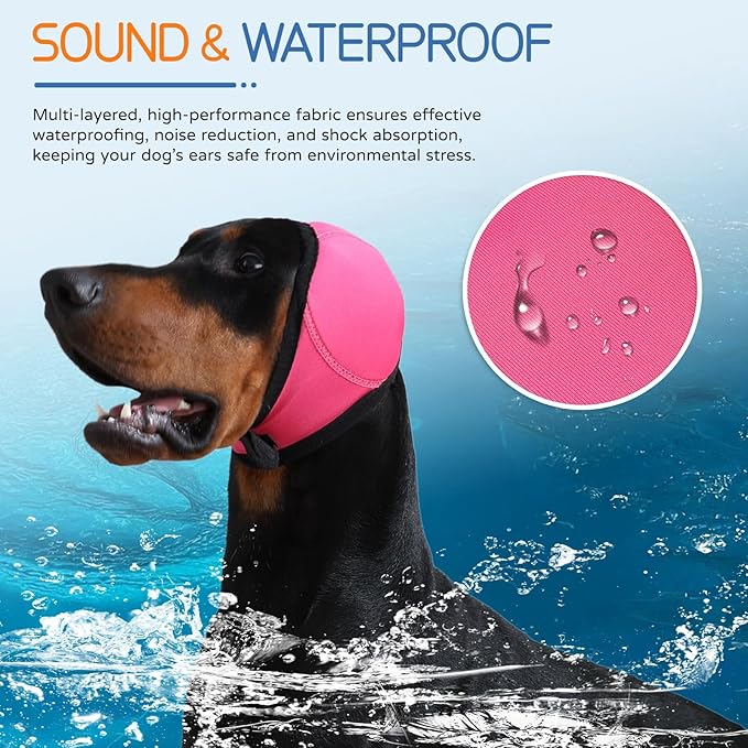 Dog Ear Muffs & Swim Cap and No Shake Ear Wrap for Bathing, Hematoma, Drying & Noise Anxiety Relief - Elastic Waterproof Ear Protection with Calming Hoodie for Grooming