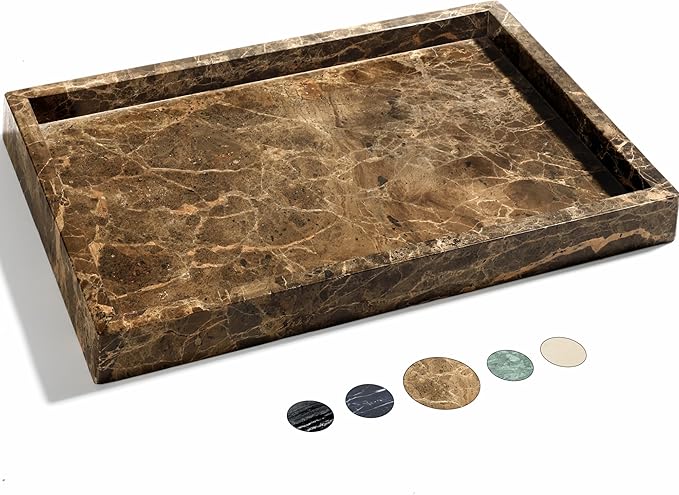Real Natural Marble Tray for Bathroom, Genuine Marble Stone Vanity Tray, Luxury Storage Trays for Kitchen, Vanity, Home Decor, Dresser, Non-Resin/Non-Ceramic, 12"x 8"x 1.2", Dark Brown