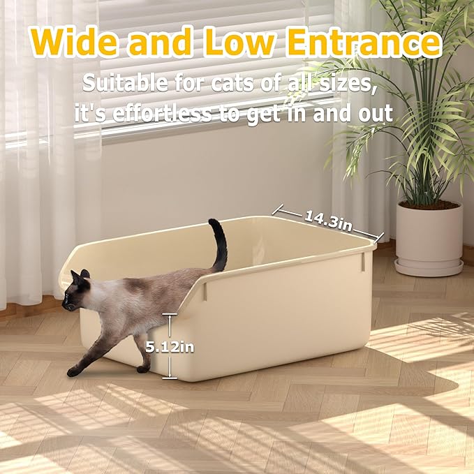 Large Cat Litter Box with High Side Cat Litter Pan Boxes for Indoor Cats Kitty Litter Box with Low Entry Open Top Entrance,Anti-Splashing (White)