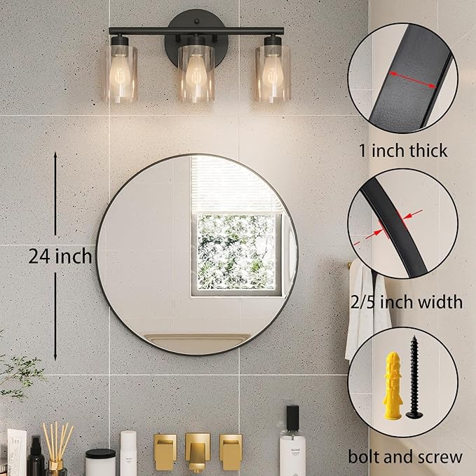 Growsun Black Round Mirror 24 inch, Wall Mounted Circle Mirror, Metal Framed Mirror for Bathroom Vanity, Bedroom Home Decor Mirros