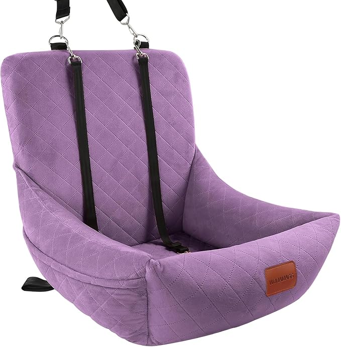 Dog Car Seat,Pet Booste Bed with Seatbelt,Washable Dog Car Travel Bed Easy to Assemble, Clip-On Safety Leash and Storage Pocket (Purple)