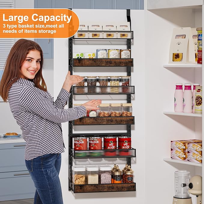 6 Tier Over the Door Pantry Organizer 2 IN 1 Hanging or Wall Mounted Spice Rack with Adjustable Basket,Heavy Duty Seasonning Storage Shelf for Kitchen Pantry and Bathroom,Black