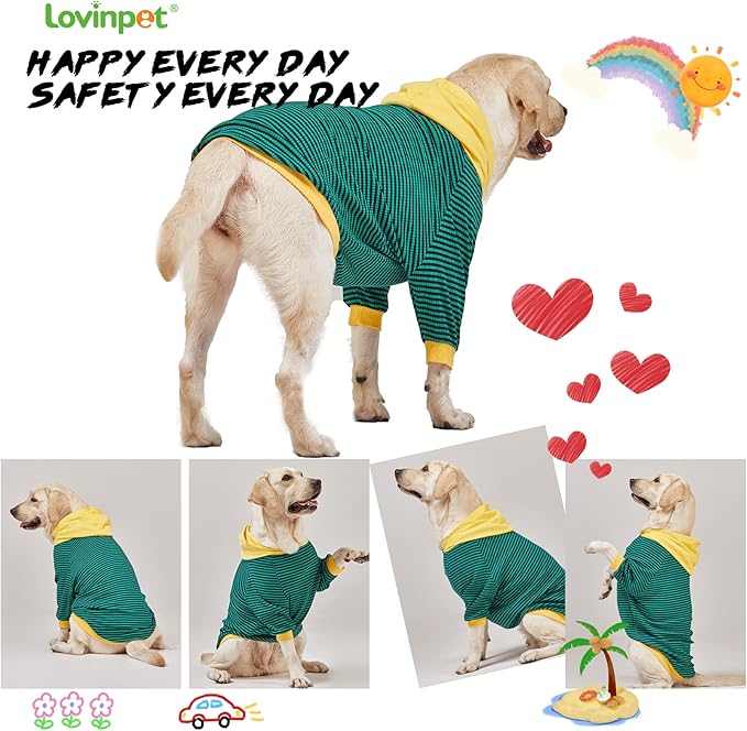 LovinPet Large Dog Pajamas, Cotton Green Stripe Dog Shirt, Pet Pajamas for Dogs, Onesies for Dogs, Stop Shedding for Dogs, Pitbull Shirt, Pet PJ's, 3XL