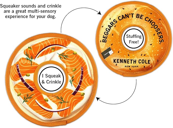 Kenneth Cole Stuffing-Free Durable New York Bagel Dog Toy – Chew-Resistant Nylon, Squeaker, Crinkle, and All-Day Play