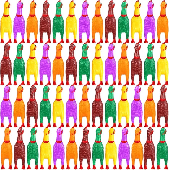 Honoson 50 Pcs Rubber Chickens Squeak Screaming Chicken Novelty Bulk Dog Toys for Pets Dogs Adults, 6.3 Inch(Mix Color)
