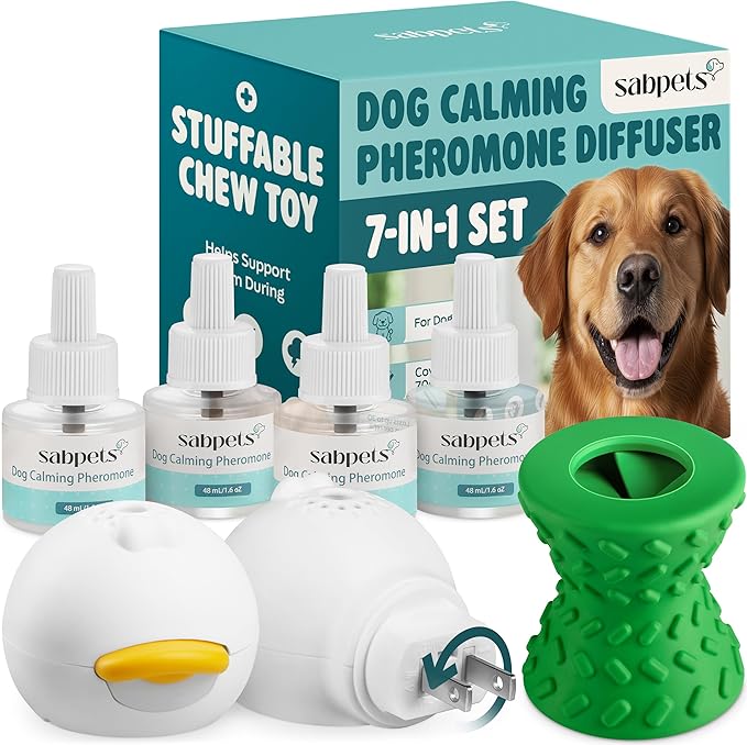 Dog Calming Diffuser Kit with Toy – Helps Reduce Barking, Pee Accidents & Separation Anxiety – Pheromone Plug-in for Dogs – 2 Diffusers + 4 Refills