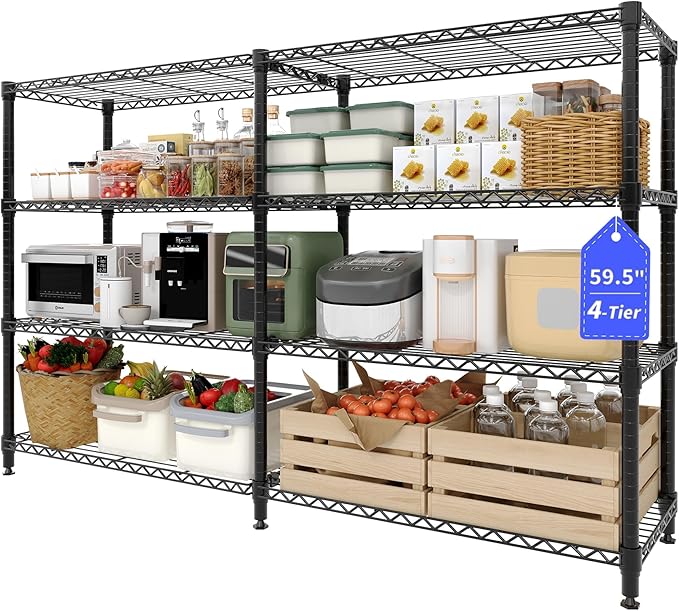 4 Tier Storage Shelving Unit Metal Shelves 70.8" W Wire Shelving, 59" H L-Shaped Pantry Shelves Kitchen Storage Shelves for Home Commercial Garage Heavy Duty, 70.8" W x 59.4" H x 15.7" D