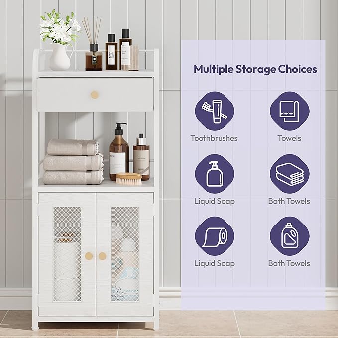 SWTYMIKI 14.57"x32.28" Bathroom Storage Cabinet – Freestanding Toilet Paper Storage with Doors & Drawer, Bathroom Organizers and Storage for Small Spaces, Laundry Room, Ideal for Towels, White