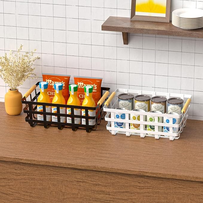 4 Packs Large Metal Storage Baskets,Farmhouse Baskets,Matte Black Pantry Organizer Baskets with Wood Handle, Metal Baskets Bins for Kitchen Pantry Shelf Cabinets
