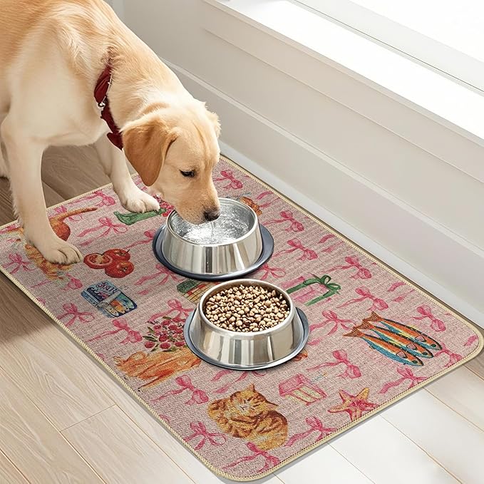 SHIYUE Dog Food Mats for Floors, Absorbent Cat Bowl for Food and Water, Non-Slip Accessories Pet Supplies(16"x24",Pink Bow Food)