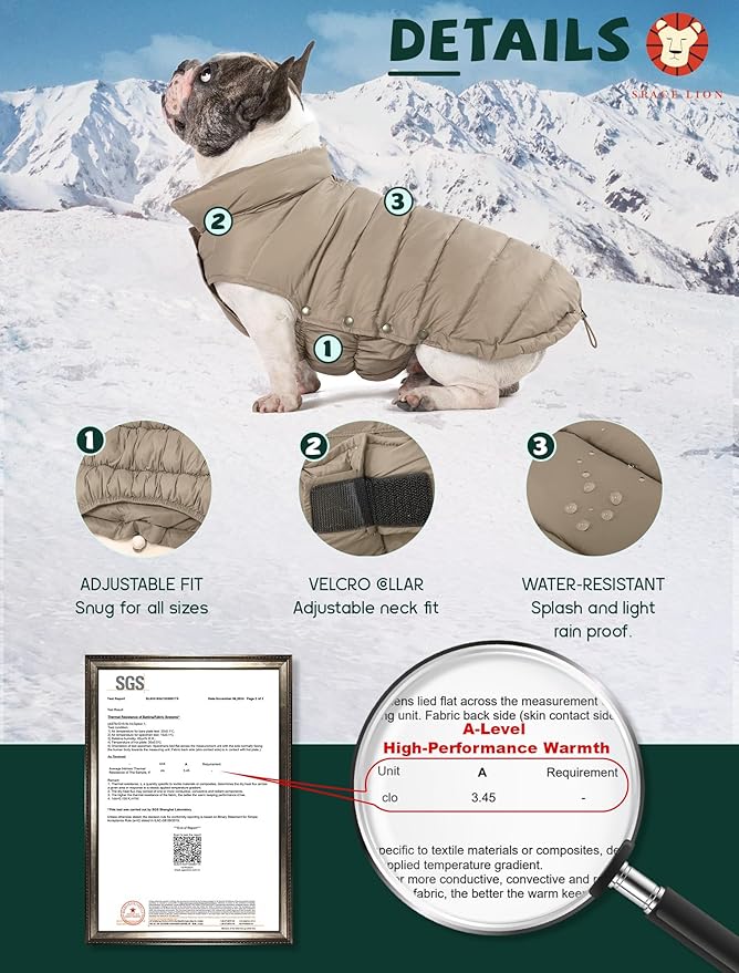 SPACE LION Dog Puffer Jacket, Down Winter Coat, Durable Outdoor Coat for Cold and Windy Conditions, Lightweight & Adjustable Fit Coats for Small Dogs, (Camel, Size 10 Gift Box)