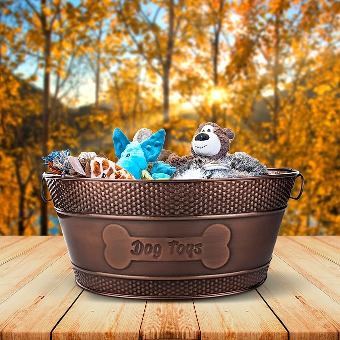 BREKX Indestructible Metal Dog Toy Bin - Copper Galvanized Storage Bin with Handles, Pet Storage Organizer - Ropes, Blankets, & Leashes, Bone Design Pet Toy Box (15-Quart)