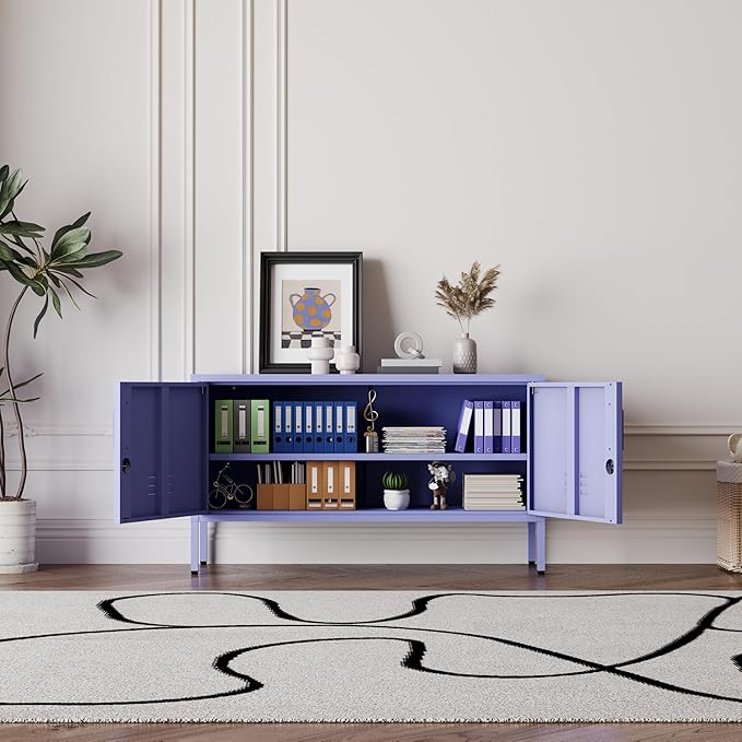 Purple Metal Storage Cabinet with Lock, 2-Door Wide Organizer, Adjustable Shelves, Multifunctional TV Stand & Entertainment Center for Bedroom, Living Room, 24" H x 39.4" W x 15" D