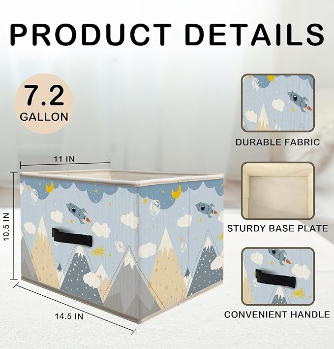 Nogrit Dreamy Rocket Mountain Storage Bins Box, Toybox for Boys, Light Blue Cosmic Foldable Baskets Organizer Container with Handles for Kids Boys Bedroom Bathroom Clothes Toys Books