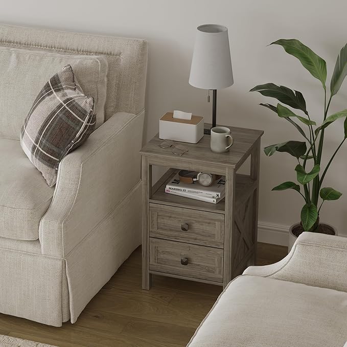 WOPITUES Nightstand with Charging Station, Farmhouse Night Stand with Drawers, Bedside Table, End Table for Bedroom, Living Room, Rustic Grey