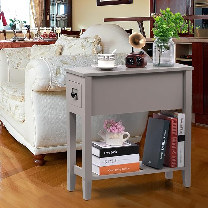 Grey Chairside Narrow End Table, Solid Recliner Side Table with Drawer, Slim Nightstand Bedside Table for Living Room Bedroom
