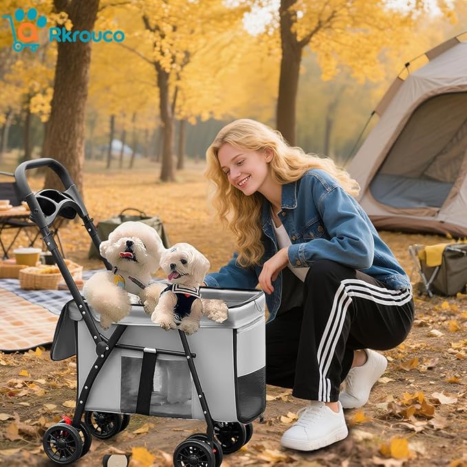 Foldable Pet Stroller for Small Medium Cat Dogs Portable Pets Carriers Strollers with 4 Wheels Up to 55Lbs Puppy Strolling Cart Travel (Gray)