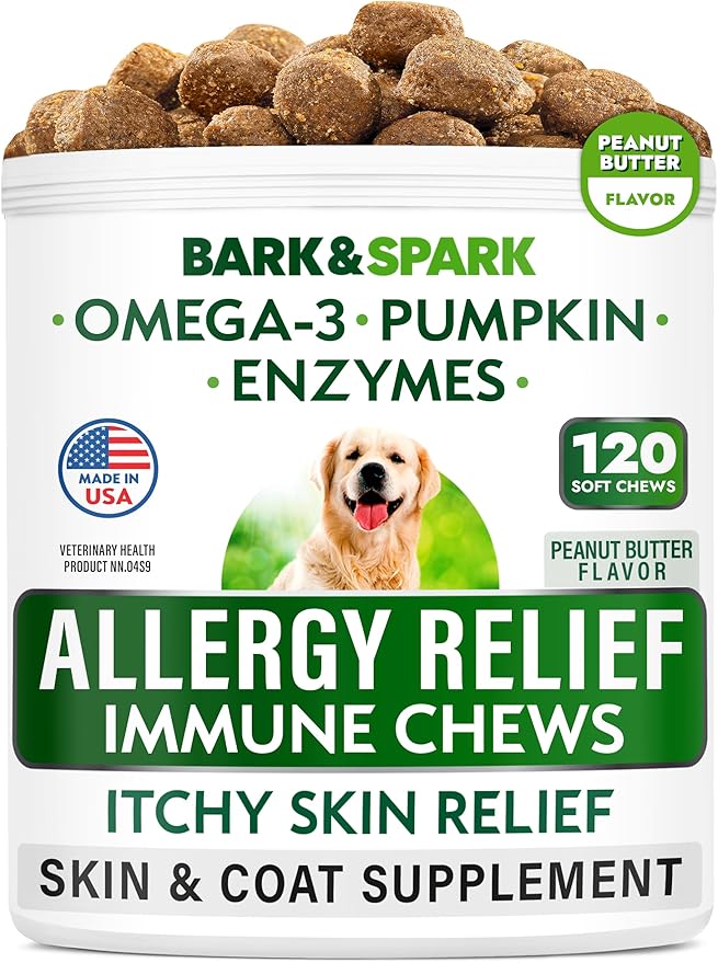 BARK&SPARK Dog Allergy Relief Chews - Anti-Itch Skin & Coat Supplement - Omega 3 Fish Oil - Itchy Skin Relief Treatment Pills - Itching &Paw Licking - Dry Skin&Hot Spots - (120 Immune Treats - Peanut)