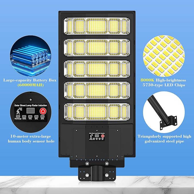 Solar Street Light Outdoor, 10000W Solar Lights Outdoor Waterproof with Motion Sensor, IP66 Solar Security Flood Lights for Yard, Pathway, Parking Lot - 350° Wide Angle & Remote Control Included