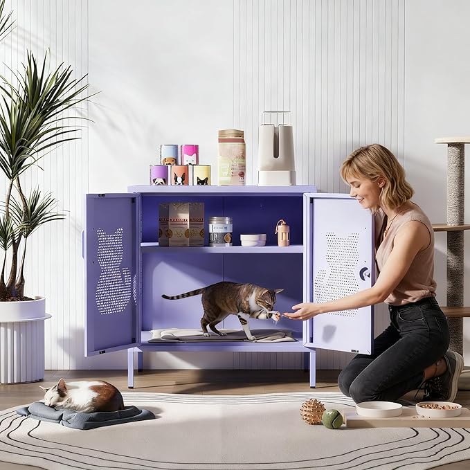 Multifunctional Large Cat House 2 Door Lockable Pet Enclosure Storage Cabinet with Adjustable Shelves Easy to Assemble Indoor Outdoor Storage Cat Food Purple Size: 33" H X 29.5" W X 19.7" D
