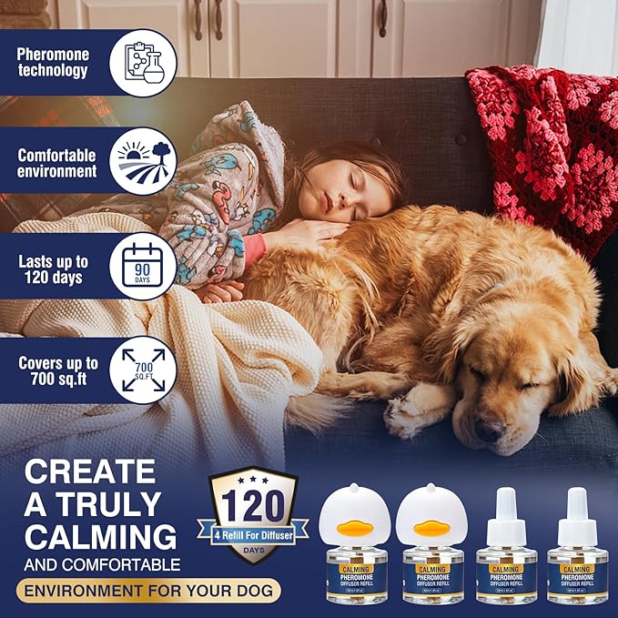 Dog Calming Pheromones Diffuser 6 in 1 Kit (2 Plug in+4 x48ml Refill) Appeasing Pheromone Diffuser to Calmfor Anxiety Relief Reduce Aggression Fighting Barking Stress 120 Day Supply(Peach)