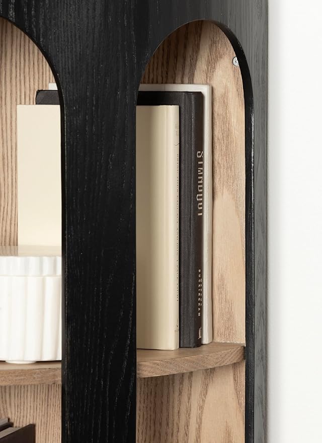 Kate and Laurel Elloree Modern Corner Shelf Cabinet for Storage and Display, 16 x 11 x 24, Black and Natural, Transitional Corner Storage for Use as Living Room Shelving or Bedroom Storage Design