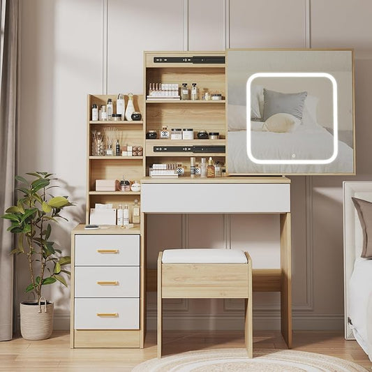 Vanity Desk with Sliding LED Mirror, Makeup Dressing Table with 4 Drawers, Storage Shelves, Power Outlet & Cushioned Stool, Adjustable 3 Lighting Modes, Modern Makeup Vanity Set for Bedroom, Natural