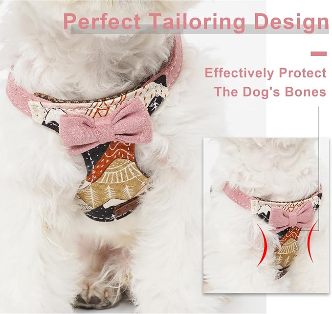 Puppytie No Pull xs Dog Harness with Multifunction Dog Leash,Soft Adjustable No Choke Escape Proof Pet Harness Vest,Suede Bow Pink,XS
