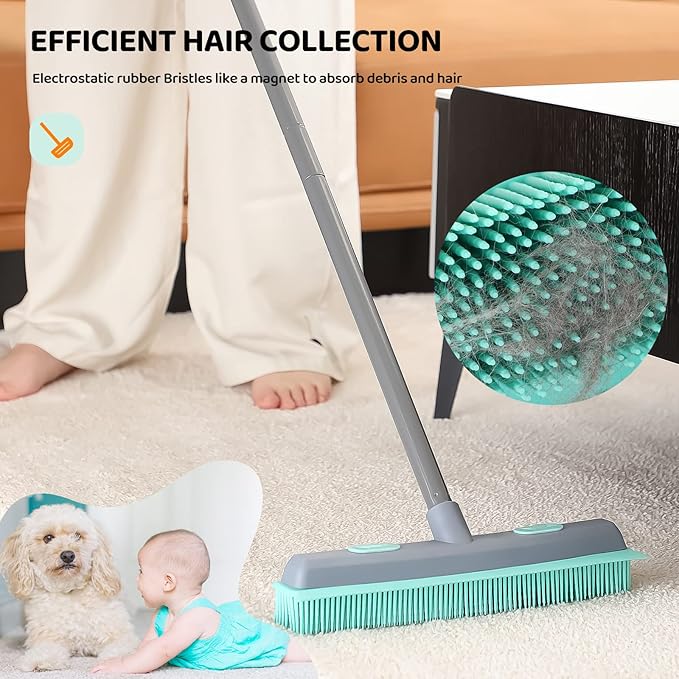 Conliwell Rubber Broom Carpet Rake for Pet Hair, Fur Remover Broom with Squeegee and 18" Professional Microfiber Mop Floor Cleaning System
