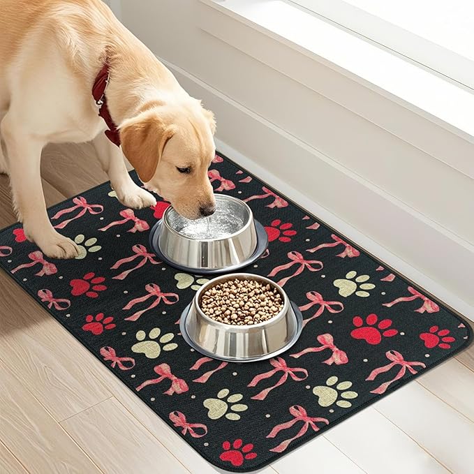 SHIYUE Dog Food Mats for Floors, Absorbent Cat Bowl for Food and Water, Non-Slip Accessories Pet Supplies(12"x20",Black Bow Footprint)
