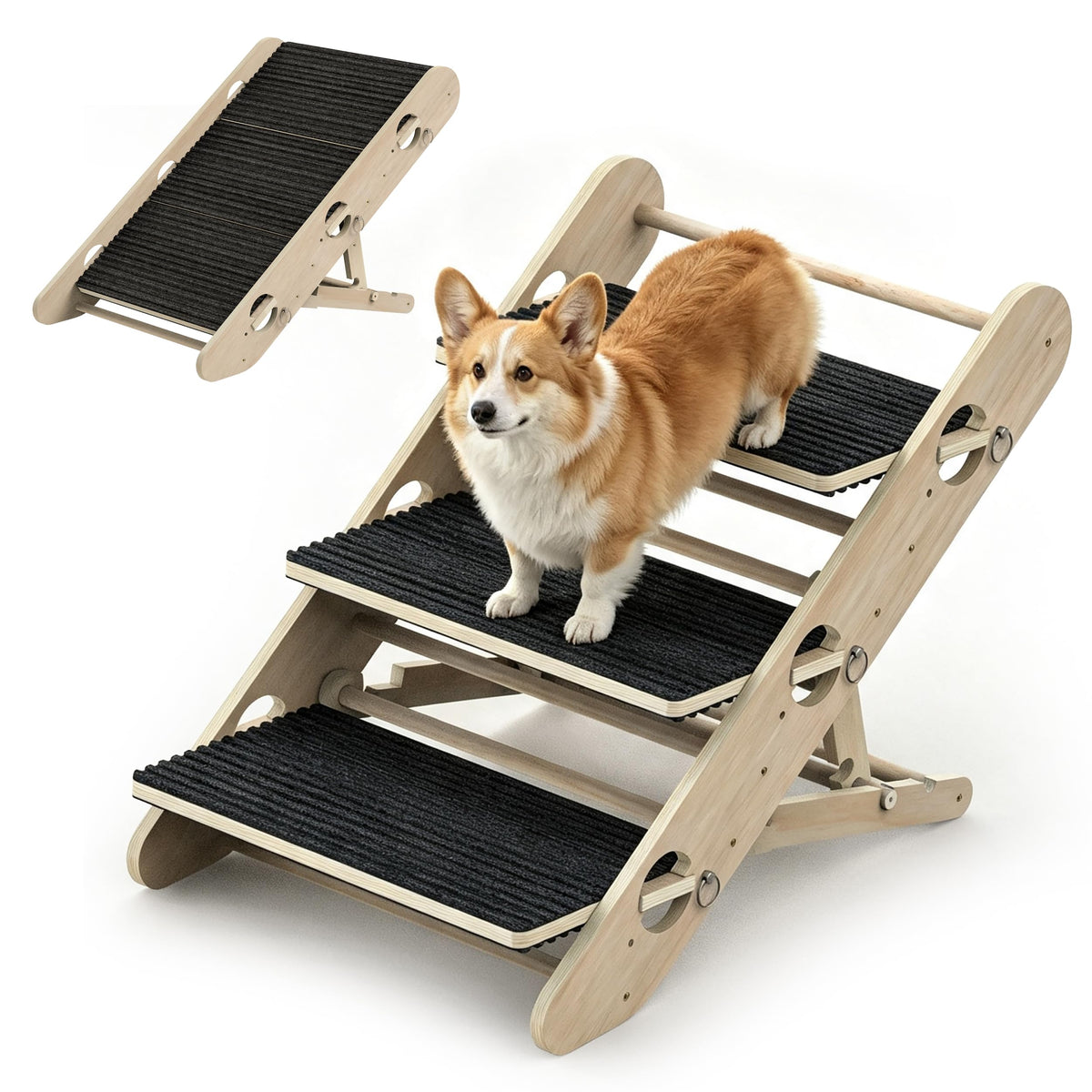 Dog Ramp for Bed, Foldable 15"x34" Solid Wood Pet Stairs - Image 1