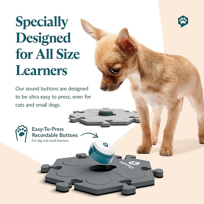 FluentPet Speak Up! Get Started Kit with Clearer Upward-Facing Sound - 6 Recordable Buttons for Dogs & 3 Grey HexTiles | Dog & Cat Communication Buttons Set | with Batteries