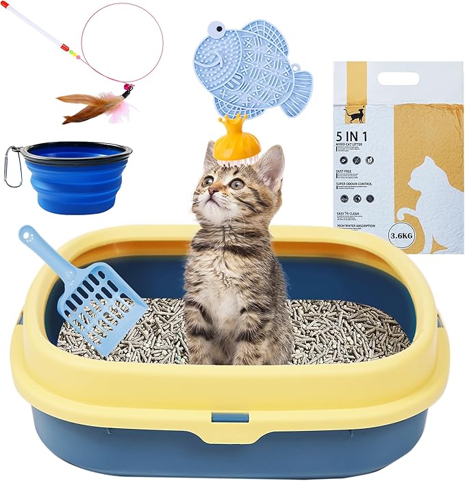 Suhaco Kitten Starter Kit for Indoor Kittens 7 Pcs Litter Box with Cat Litter & Litter Scoop Teaser Wand Licking Mat Bath Brush 7 in 1 Cat Litter Box (Blue)