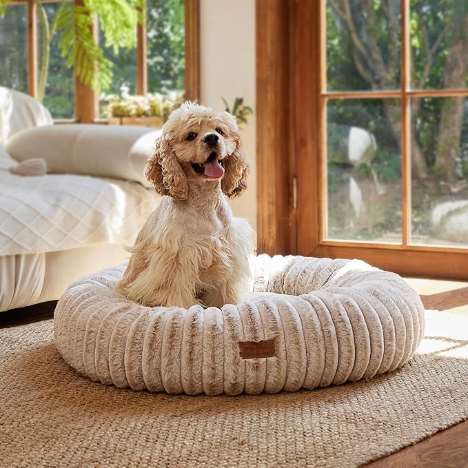 FUKUMARU Dog Bed, Gradient Color Donut Dog Beds for Medium Dogs, 30 inches Calming Orthopedic Dog Beds, Round Pet Bed with Washable Cover，Luxury Comfy Cat Bed for Indoor Cats, Camel