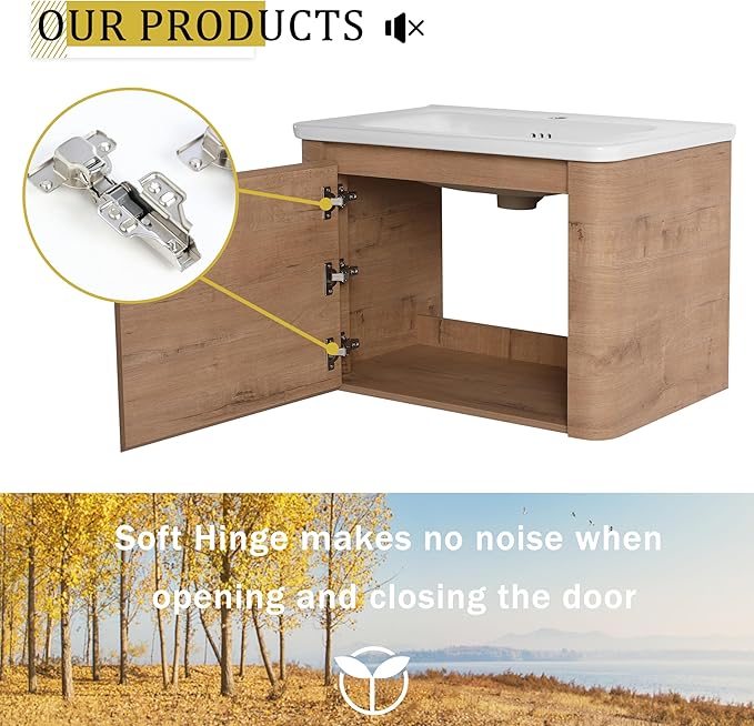 Wall-Mounted Bathroom Sink Vanity Set with White Ceramic Sink and Soft-Close Doors with Side Cabinet. (28'')