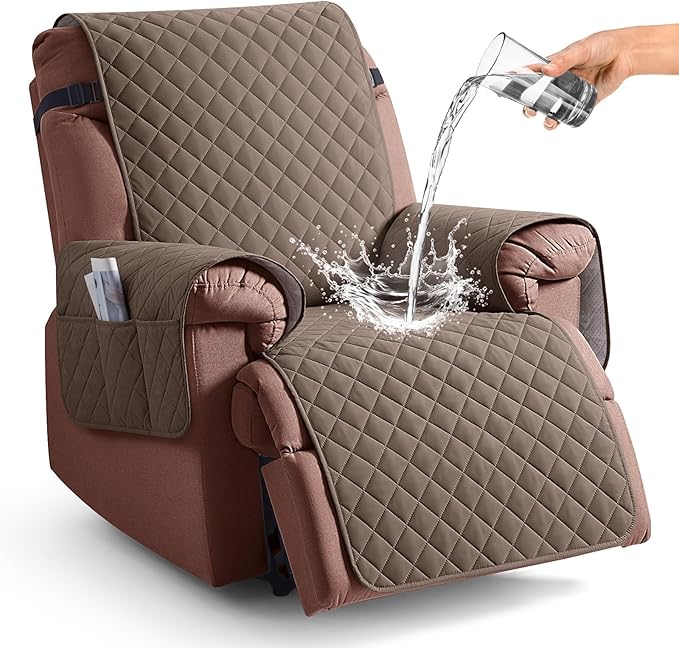 KinCam 100% Waterproof Recliner Chair Cover, Reclining Couch Covers for Pets, Dogs, Recliner Couch Slipcover Furniture Protector with Elastic Straps for Kids(28", Brown)