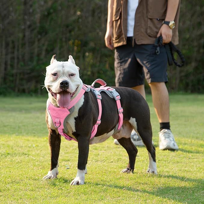 Huntboo Escape Proof Dog Harness, Escape Artist Harness, Reflective Harness with Padded Handle, Breathable, Durable, Adjustable Vest for Medium Dogs Walking, Training, and Running Gear (Pink,L)