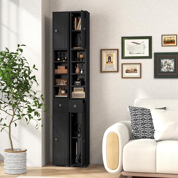 Giantex Slim Bathroom Storage Cabinet - 71” Tall Narrow Floor Cabinet Cupboard with 2 Doors, 5 Adjustable Shelves, 1 Drawer, Anti-Tipping Device, Thin Linen Tower Cabinet for Living Room (2, Black)