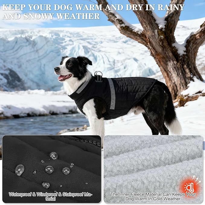 EXPAWLORER Dog Winter Coat Jacket, Thick Warm Waterproof Reflective Puppy Snowsuit with Harness Buit in, Pet Fleece Vest Soft Turtleneck with Zipper Cold Weather for Small Medium Large Dogs - BlackXL