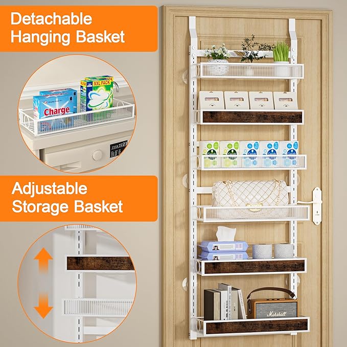 6 Tier Over the Door Pantry Organizer 2 IN 1 Hanging or Wall Mounted Spice Rack with Adjustable Basket,Heavy Duty Seasonning Storage Shelf for Kitchen Pantry and Bathroom