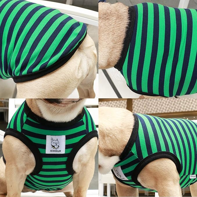 iChoue French Bulldog 100% Breathable Cotton Striped T Shirts Halloween Vest Clothes for Medium Dogs Tank Tops Frenchie Pug English Boston Terrier Pitbull Green Black Stripes - Large Plus