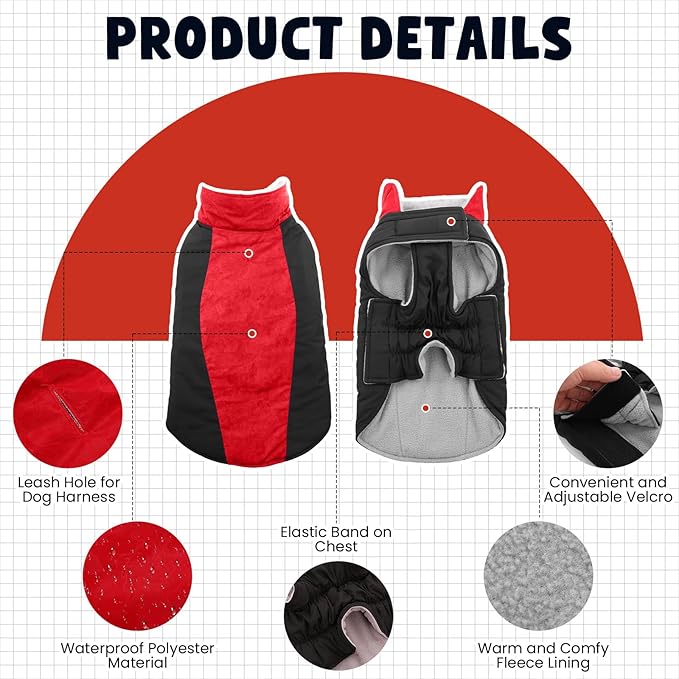 Warm Dog Coat,Waterproof Jacket in Winter Adjustable and Reversible Doggy Fleece Outfit,Thick Clothes with Foldable Collar for Puppy in Cold Days,2XL Red