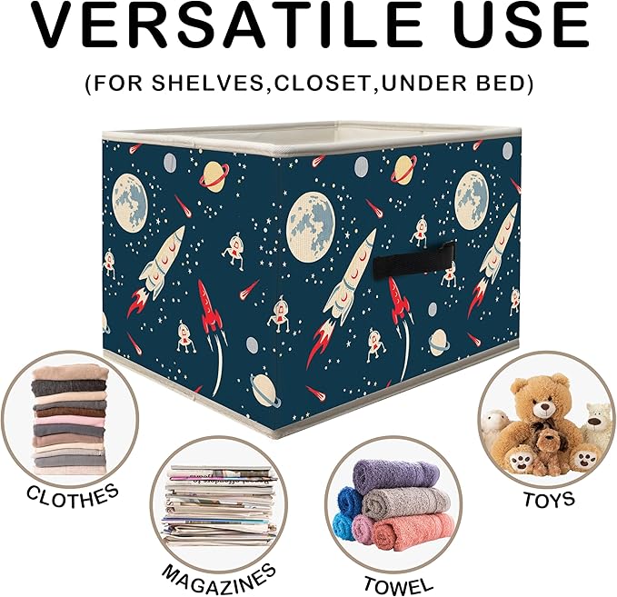 Nogrit Space Airship Rocket Storage Bins Box, Toybox for Boys, Outer Space Cosmic Foldable Baskets Organizer Container with Handles for Kids Boys Bedroom Bathroom Clothes Toys Books