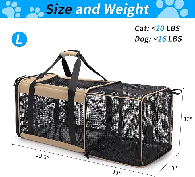 Expandable Pet Carrier for Dogs & Cats, Large Travel Bag with 5 Mesh Windows, 2 Entrances, Locking Zippers & Padded Straps,L