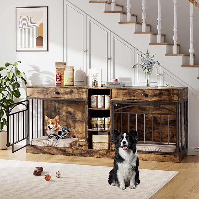 GarveeHome Dog Crate Furniture for 2 Dogs, Dog Kennel Indoor with Storage and Feeding Bowls, Double Dog Crate TV Stand for Small Medium Dogs, Brown
