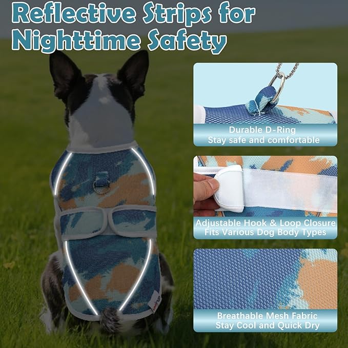 Dog Cooling Vest – Lightweight Pet Cooling Shirt 3D Breathable Mesh, Reflective Strips & UV Protection for Walking, Hiking, Park – Adjustable Fit Dog Cooler Jacket with D-Ring U-DCV02L