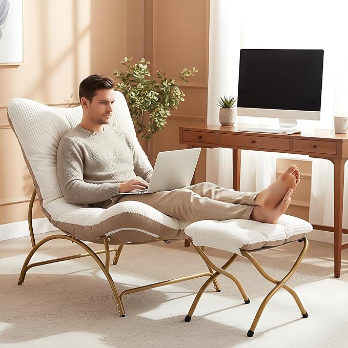 Welnow Modern Accent Chair with Ottoman, Upholstered Comfy Lounge Recliner Sofa, Thick Cushion Oversized Lazy Reading Chair with Footrest for Living Room, Bedroom, Apartment, Office, Dorm, Beige
