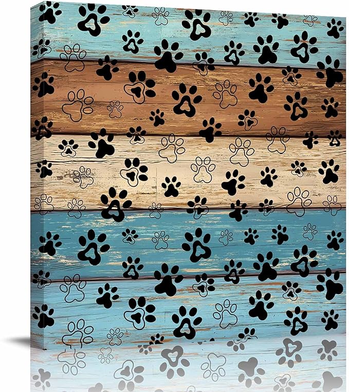 Framed Canvas Wall Art for Living Room Dog Paw Print Wall Decor, Retro Brown Teal Blue Wood Grain Aesthetic Paintings for Bedroom Office Kitchen Bathroom, Ready to Hang Wall Pictures 20x20 Inch